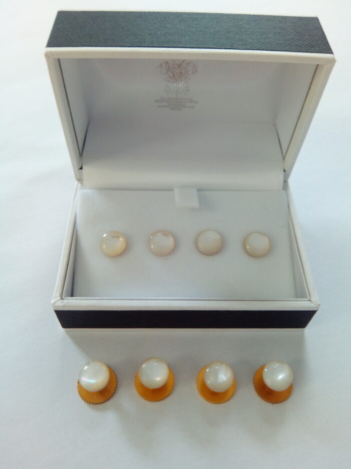 Set of 4 MOP dress studs with rhodium rim screw top for evening shirt.